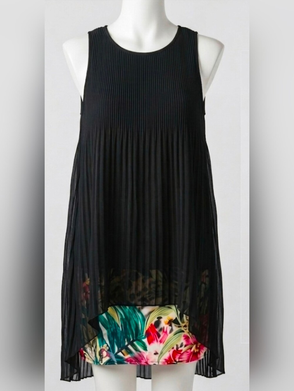 Desigual Women  Black Pleated Layered Sleeveless Dress Tropical Hem Size Small